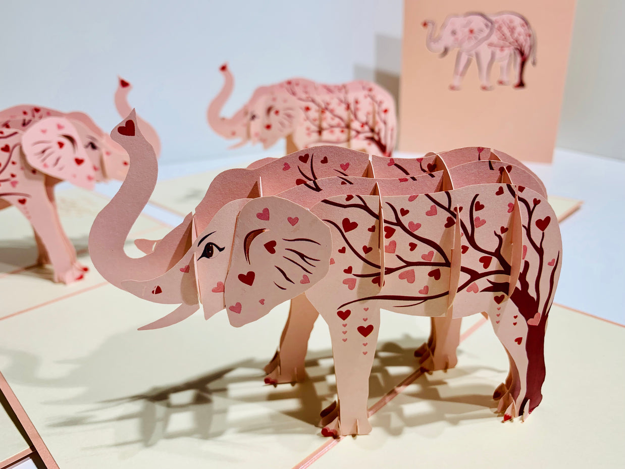 Elephant with Pink Love Hearts Origami Pop Cards 3D Pop Up Greeting Card Thank You Handmade Gift Thinking of You Happy Birthday Occasion Australiana Celebrate the Beauty and Happiness During Special Day Best Wishes Gift