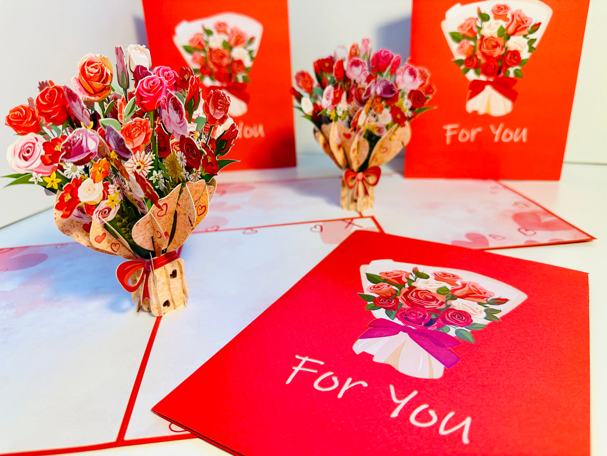 Pink & Red Rose Flower Bouquet Origami Pop Cards 3D Pop Up Greeting Card Happy Birthday Thank You Handmade Gift Thinking of You Blank Card for Any Occasion Happy Mother's Day Happy Father's Australiana Celebrate