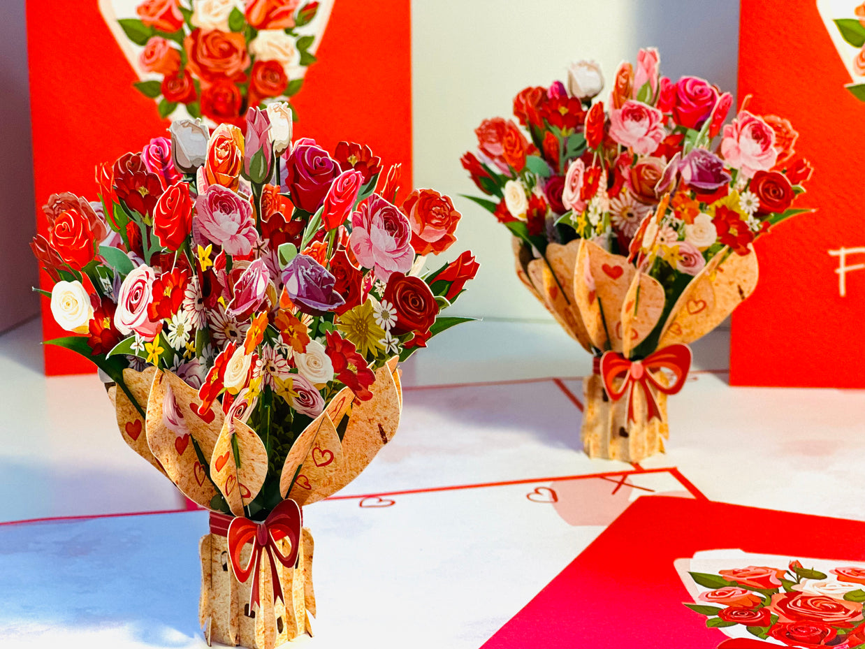 Pink & Red Rose Flower Bouquet Origami Pop Cards 3D Pop Up Greeting Card Happy Birthday Thank You Handmade Gift Thinking of You Blank Card for Any Occasion Happy Mother's Day Happy Father's Australiana Celebrate