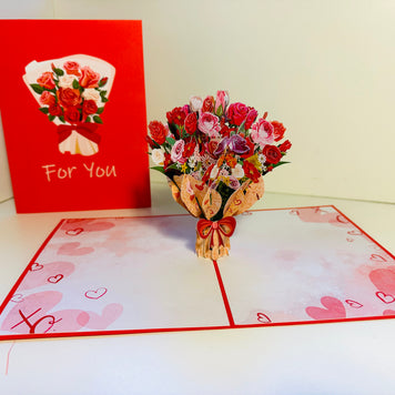 Pink & Red Rose Flower Bouquet Origami Pop Cards 3D Pop Up Greeting Card Happy Birthday Thank You Handmade Gift Thinking of You Blank Card for Any Occasion Happy Mother's Day Happy Father's Australiana Celebrate