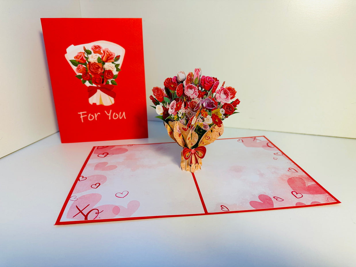 Pink & Red Rose Flower Bouquet Origami Pop Cards 3D Pop Up Greeting Card Happy Birthday Thank You Handmade Gift Thinking of You Blank Card for Any Occasion Happy Mother's Day Happy Father's Australiana Celebrate