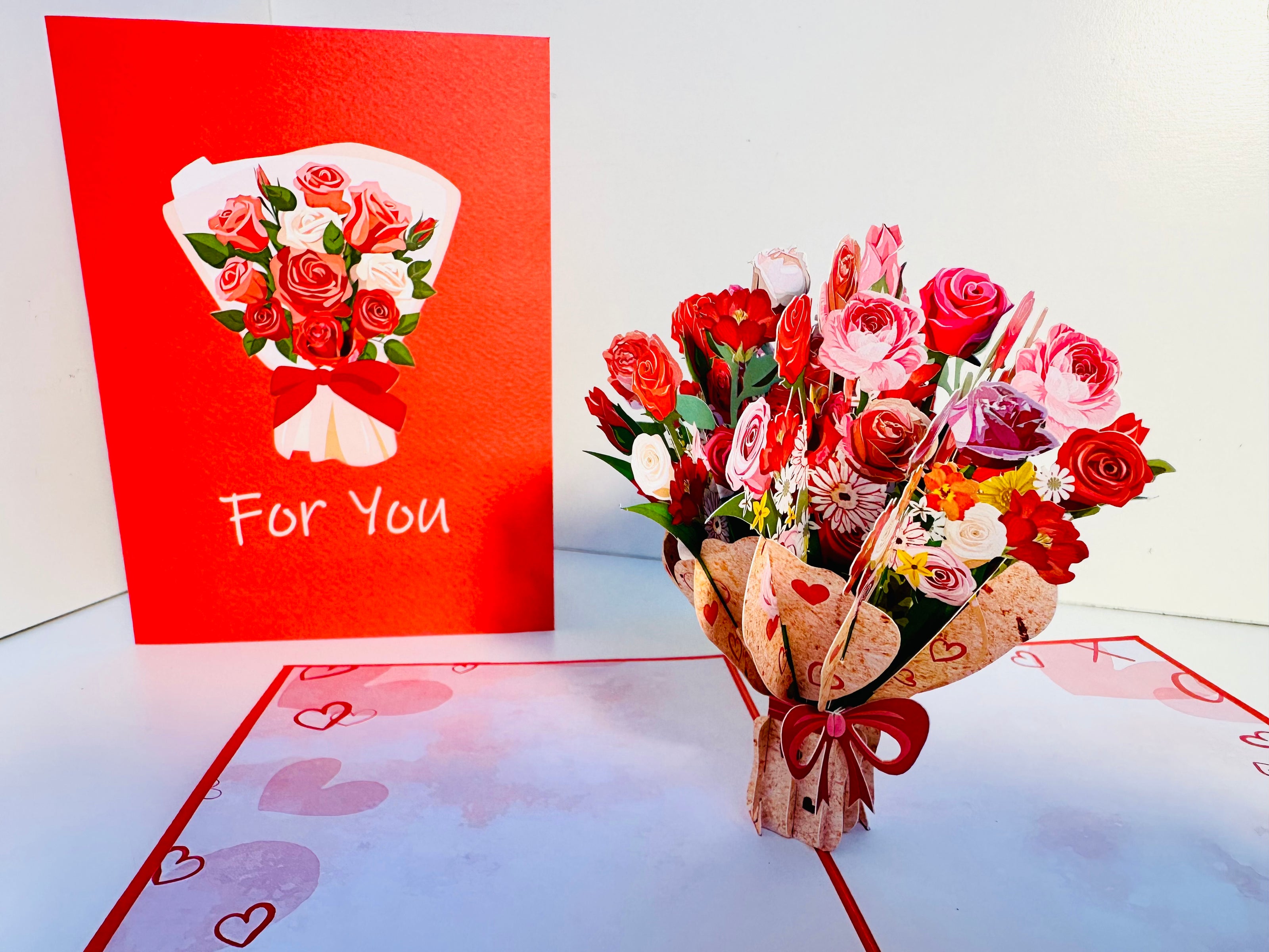 Pink & Red Rose Flower Bouquet Origami Pop Cards 3D Pop Up Greeting Card Happy Birthday Thank You Handmade Gift Thinking of You Blank Card for Any Occasion Happy Mother's Day Happy Father's Australiana Celebrate