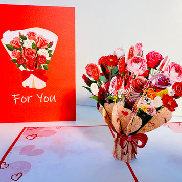 Pink & Red Rose Flower Bouquet Origami Pop Cards 3D Pop Up Greeting Card Happy Birthday Thank You Handmade Gift Thinking of You Blank Card for Any Occasion Happy Mother's Day Happy Father's Australiana Celebrate