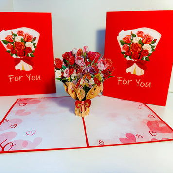Pink & Red Rose Flower Bouquet Origami Pop Cards 3D Pop Up Greeting Card Happy Birthday Thank You Handmade Gift Thinking of You Blank Card for Any Occasion Happy Mother's Day Happy Father's Australiana Celebrate