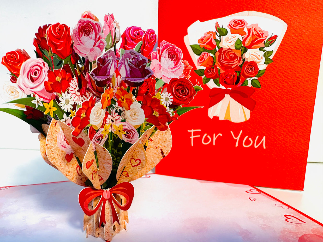 Pink & Red Rose Flower Bouquet Origami Pop Cards 3D Pop Up Greeting Card Happy Birthday Thank You Handmade Gift Thinking of You Blank Card for Any Occasion Happy Mother's Day Happy Father's Australiana Celebrate