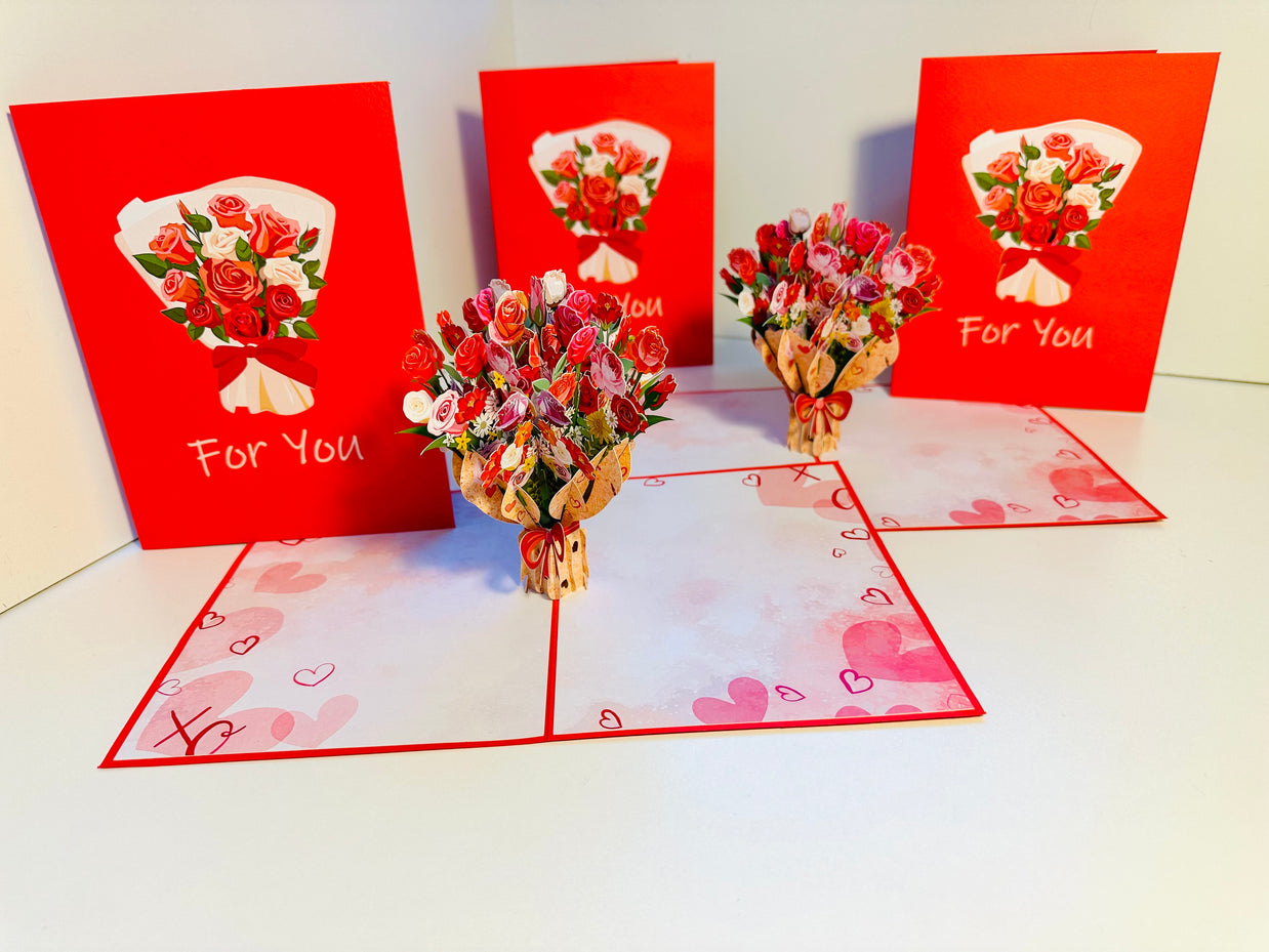 Pink & Red Rose Flower Bouquet Origami Pop Cards 3D Pop Up Greeting Card Happy Birthday Thank You Handmade Gift Thinking of You Blank Card for Any Occasion Happy Mother's Day Happy Father's Australiana Celebrate