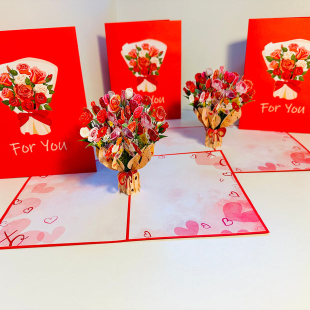 "FOR YOU" Pink & Red Rose Flower Bouquet Origami Pop Cards 3D Pop Up Greeting Card Happy Birthday Thank You Handmade Gift Thinking of You Blank Card for Any Occasion Happy Mother's Day Happy Father's Australiana Celebrate the Beauty of Flower and Love
