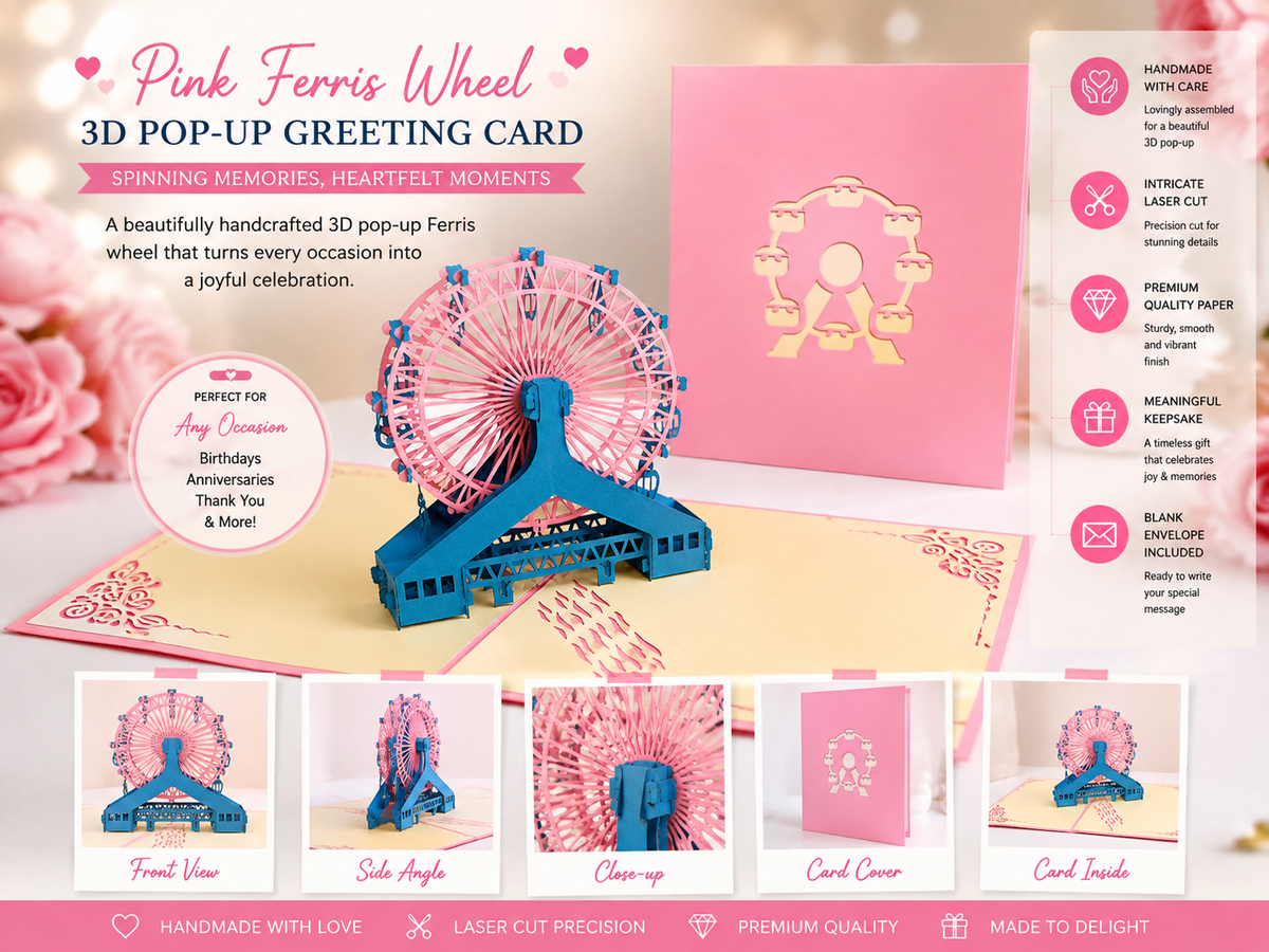 Ferris Wheel in Pink & Turquoise Origami Pop Cards 3D Pop Up Greeting Card Happy Birthday Thank You Handmade Gift Thinking of You Blank Card for Any Occasion Happy Mother's Day Happy Father's Celebrate the Beauty of Architecture (Copy)