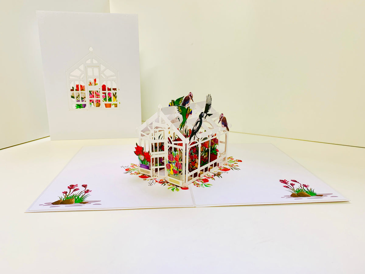 Flourishing Australian Native Greenhouse Garden & Birds Origami Pop Cards 3D Pop Up Greeting Card Celebrate Happy Birthday Thank You Handmade Best Wishes Gift Thinking of You Blank Card for Any Occasion Happy Mother's Day Happy Father's Day Australiana