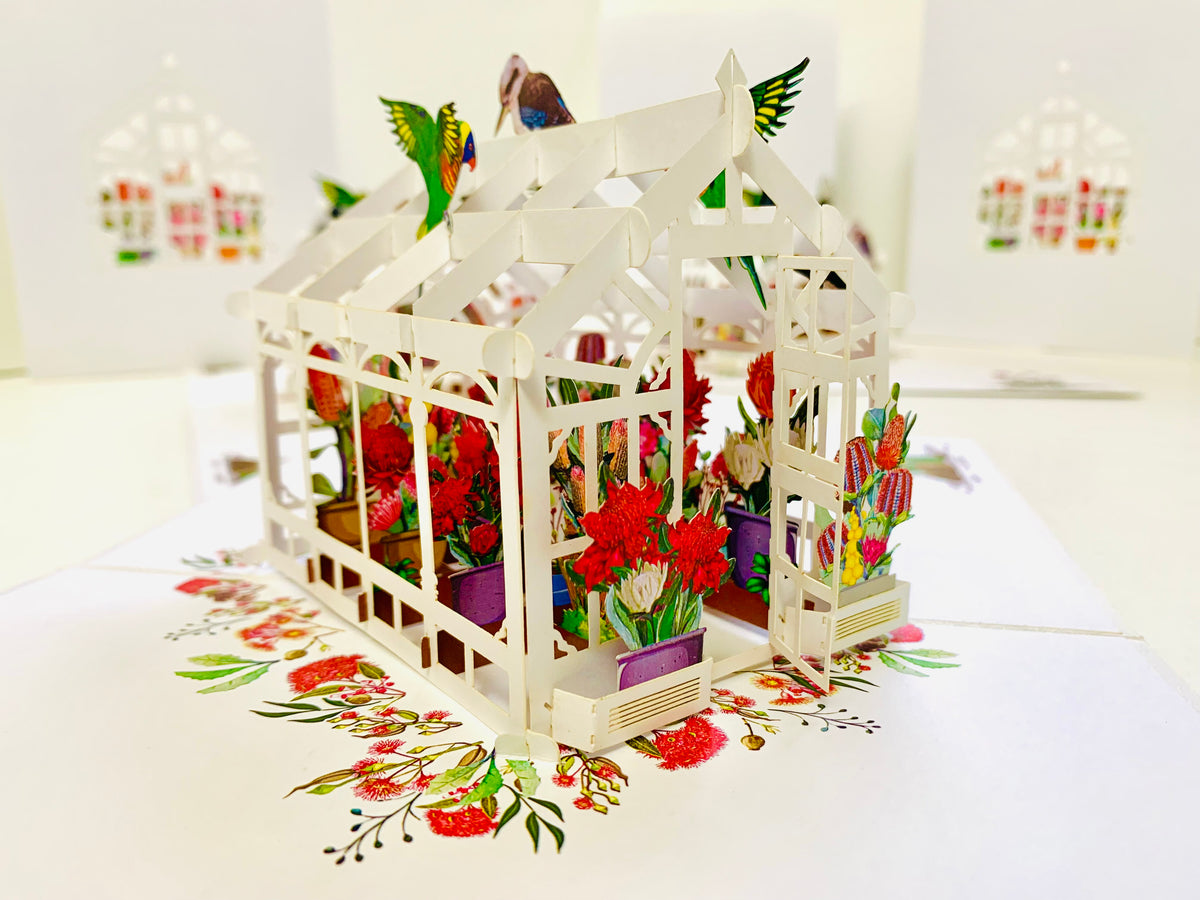 Flourishing Australian Native Greenhouse Garden & Birds Origami Pop Cards 3D Pop Up Greeting Card Celebrate Happy Birthday Thank You Handmade Best Wishes Gift Thinking of You Blank Card for Any Occasion Happy Mother's Day Happy Father's Day Australiana