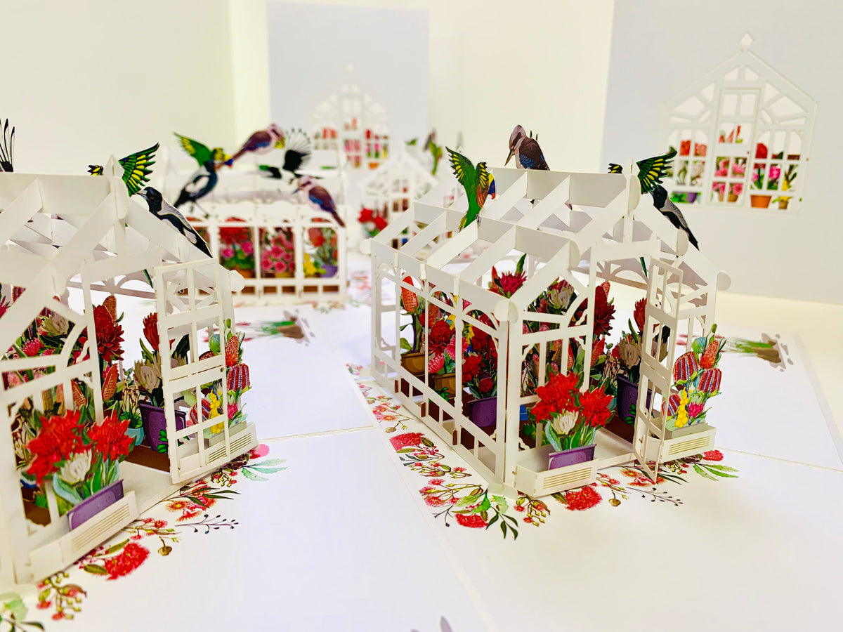 Flourishing Australian Native Greenhouse Garden & Birds Origami Pop Cards 3D Pop Up Greeting Card Celebrate Happy Birthday Thank You Handmade Best Wishes Gift Thinking of You Blank Card for Any Occasion Happy Mother's Day Happy Father's Day Australiana