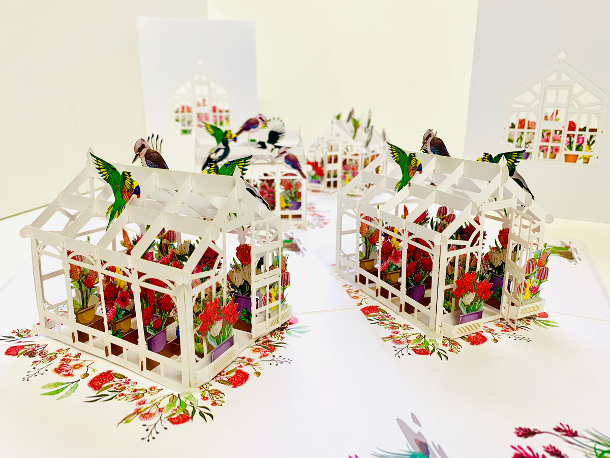 Flourishing Australian Native Greenhouse Garden & Birds Origami Pop Cards 3D Pop Up Greeting Card Celebrate Happy Birthday Thank You Handmade Best Wishes Gift Thinking of You Blank Card for Any Occasion Happy Mother's Day Happy Father's Day Australiana