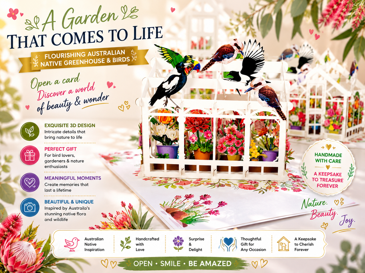 Flourishing Australian Native Greenhouse Garden & Birds Origami Pop Cards 3D Pop Up Greeting Card Celebrate Happy Birthday Thank You Handmade Best Wishes Gift Thinking of You Blank Card for Any Occasion Happy Mother's Day Happy Father's Day Australiana