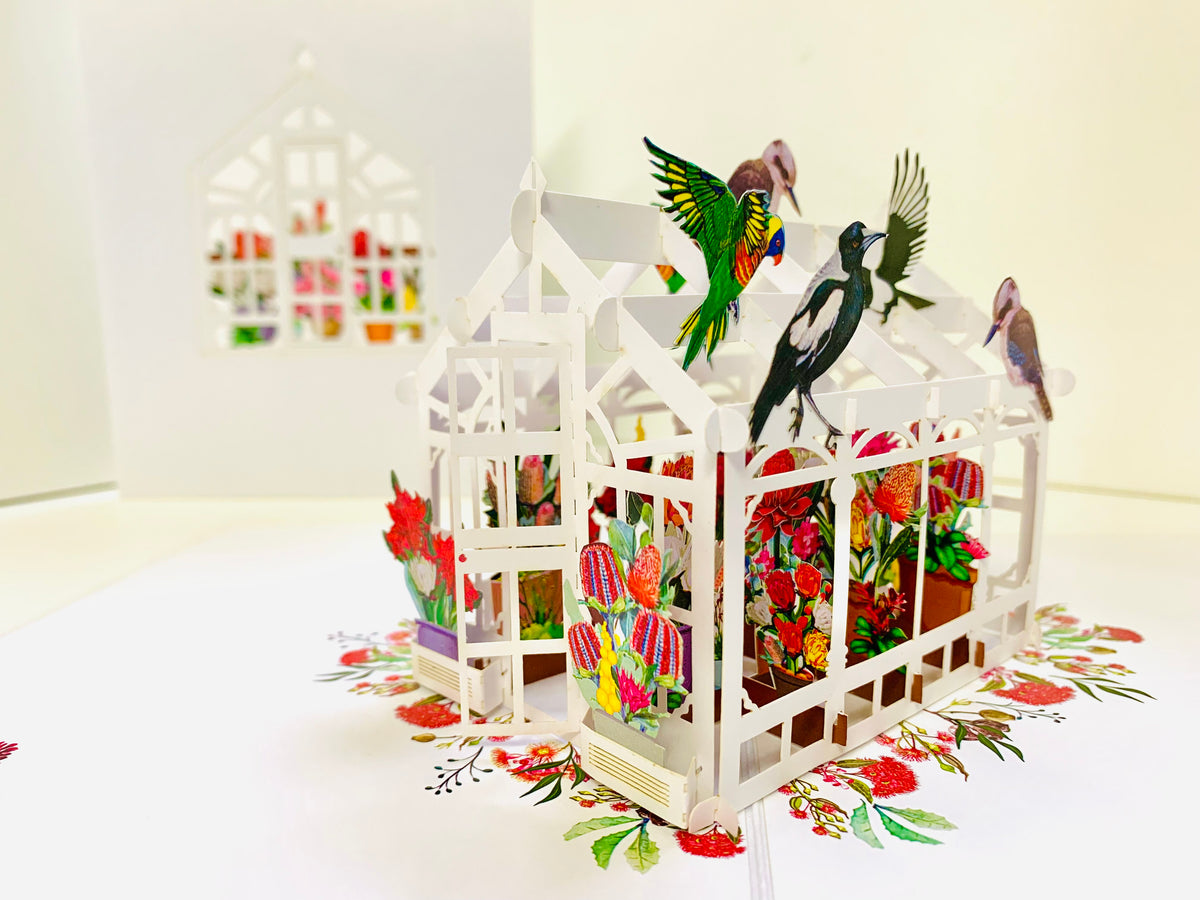 Flourishing Australian Native Greenhouse Garden & Birds Origami Pop Cards 3D Pop Up Greeting Card Celebrate Happy Birthday Thank You Handmade Best Wishes Gift Thinking of You Blank Card for Any Occasion Happy Mother's Day Happy Father's Day Australiana
