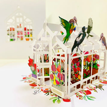 Flourishing Australian Native Greenhouse Garden & Birds Origami Pop Cards 3D Pop Up Greeting Card Celebrate Happy Birthday Thank You Handmade Best Wishes Gift Thinking of You Blank Card for Any Occasion Happy Mother's Day Happy Father's Day Australiana