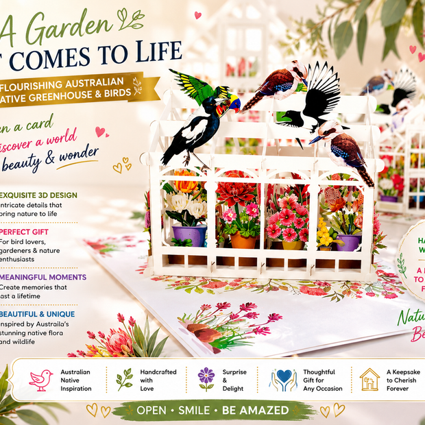 Flourishing Australian Native Greenhouse Garden & Birds Origami Pop Cards 3D Pop Up Greeting Card Celebrate Happy Birthday Thank You Handmade Best Wishes Gift Thinking of You Blank Card for Any Occasion Happy Mother's Day Happy Father's Day Australiana