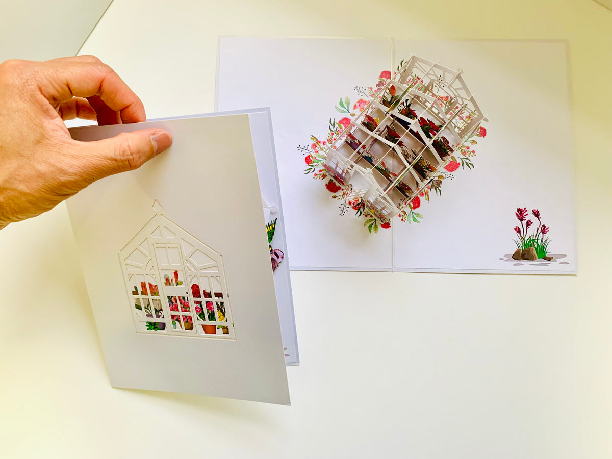 Flourishing Australian Native Greenhouse Garden & Birds Origami Pop Cards 3D Pop Up Greeting Card Celebrate Happy Birthday Thank You Handmade Best Wishes Gift Thinking of You Blank Card for Any Occasion Happy Mother's Day Happy Father's Day Australiana