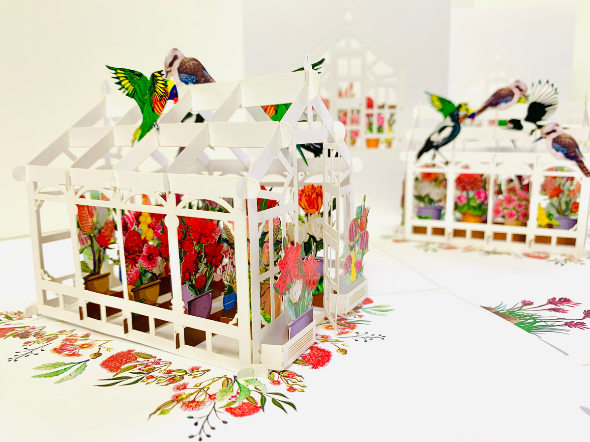 Flourishing Australian Native Greenhouse Garden & Birds Origami Pop Cards 3D Pop Up Greeting Card Celebrate Happy Birthday Thank You Handmade Best Wishes Gift Thinking of You Blank Card for Any Occasion Happy Mother's Day Happy Father's Day Australiana