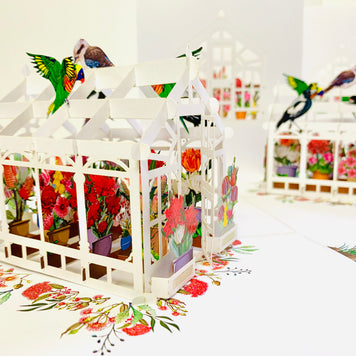 Flourishing Australian Native Greenhouse Garden & Birds Origami Pop Cards 3D Pop Up Greeting Card Celebrate Happy Birthday Thank You Handmade Best Wishes Gift Thinking of You Blank Card for Any Occasion Happy Mother's Day Happy Father's Day Australiana