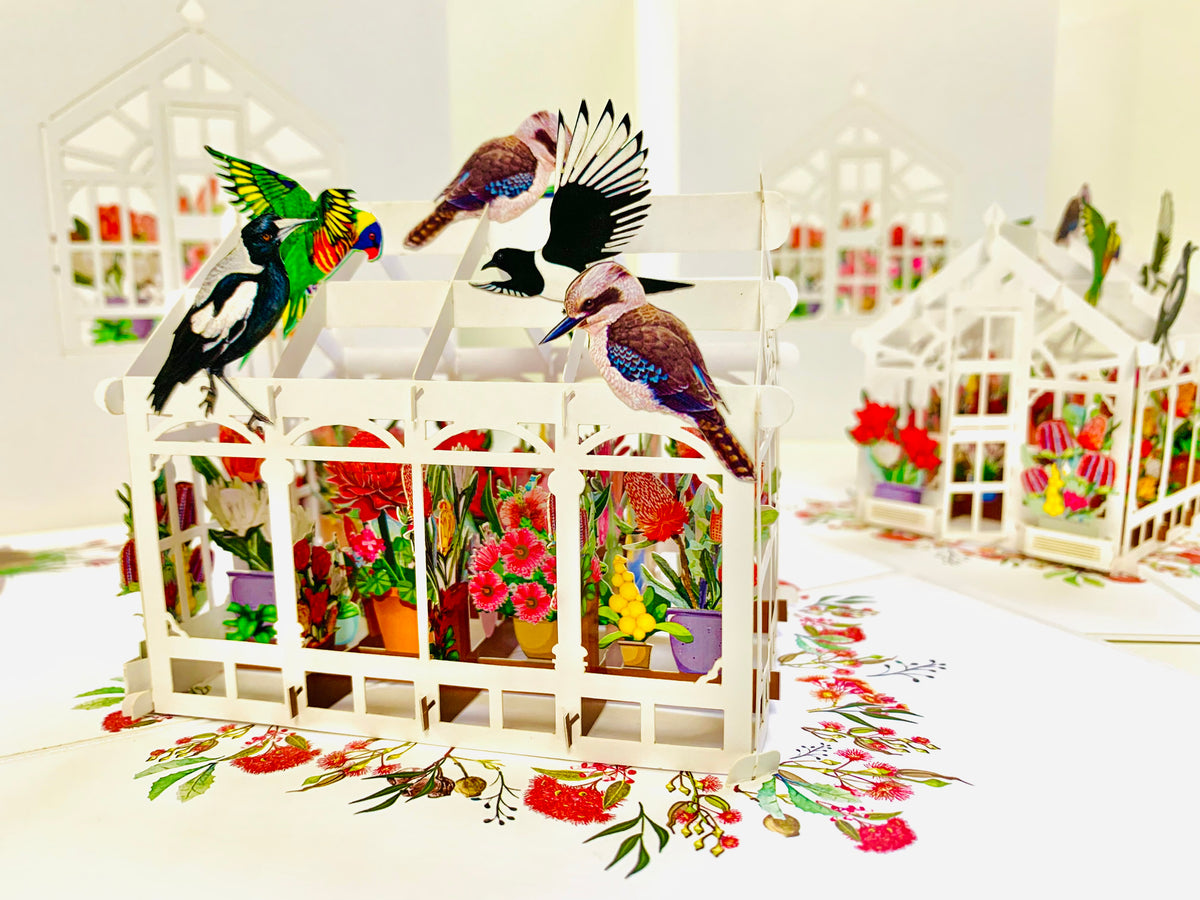 Flourishing Australian Native Greenhouse Garden & Birds Origami Pop Cards 3D Pop Up Greeting Card Celebrate Happy Birthday Thank You Handmade Best Wishes Gift Thinking of You Blank Card for Any Occasion Happy Mother's Day Happy Father's Day Australiana