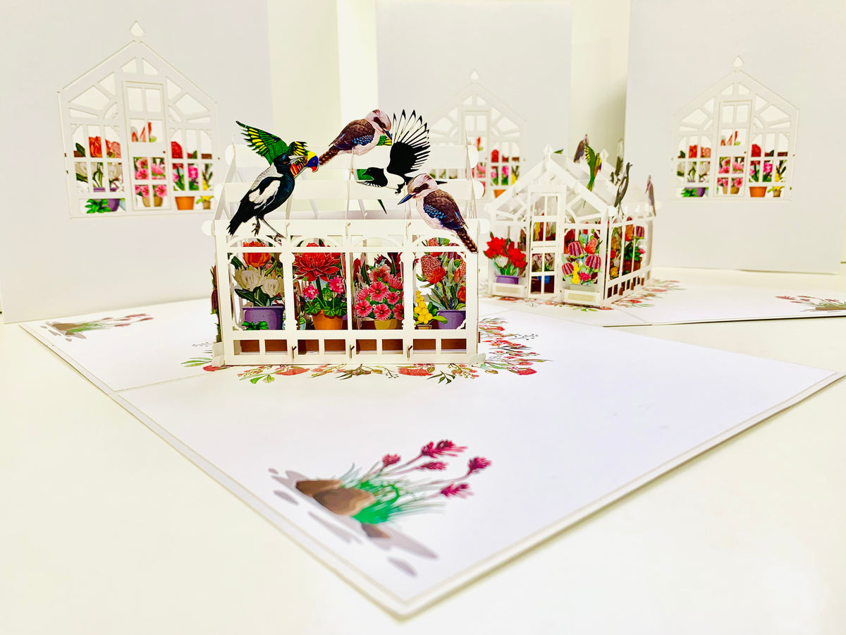 Flourishing Australian Native Greenhouse Garden & Birds Origami Pop Cards 3D Pop Up Greeting Card Celebrate Happy Birthday Thank You Handmade Best Wishes Gift Thinking of You Blank Card for Any Occasion Happy Mother's Day Happy Father's Day Australiana