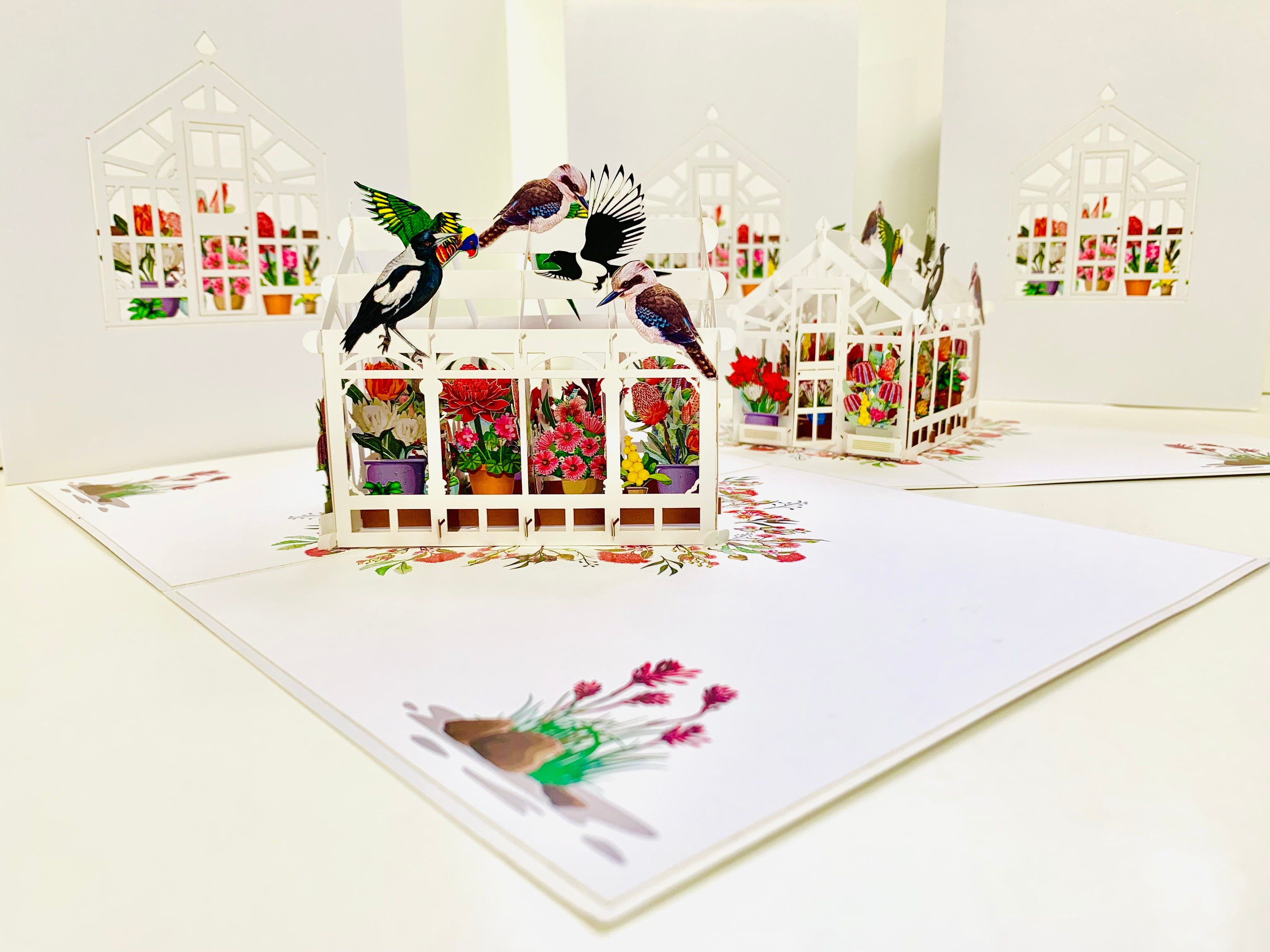 Flourishing Australian Native Greenhouse Garden & Birds Origami Pop Cards 3D Pop Up Greeting Card Celebrate Happy Birthday Thank You Handmade Best Wishes Gift Thinking of You Blank Card for Any Occasion Happy Mother's Day Happy Father's Day Australiana