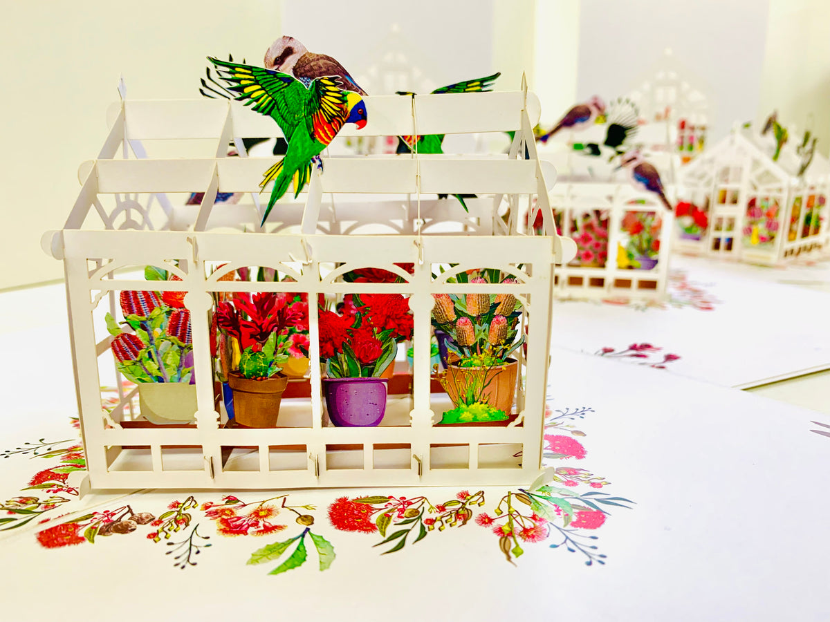 Flourishing Australian Native Greenhouse Garden & Birds Origami Pop Cards 3D Pop Up Greeting Card Celebrate Happy Birthday Thank You Handmade Best Wishes Gift Thinking of You Blank Card for Any Occasion Happy Mother's Day Happy Father's Day Australiana