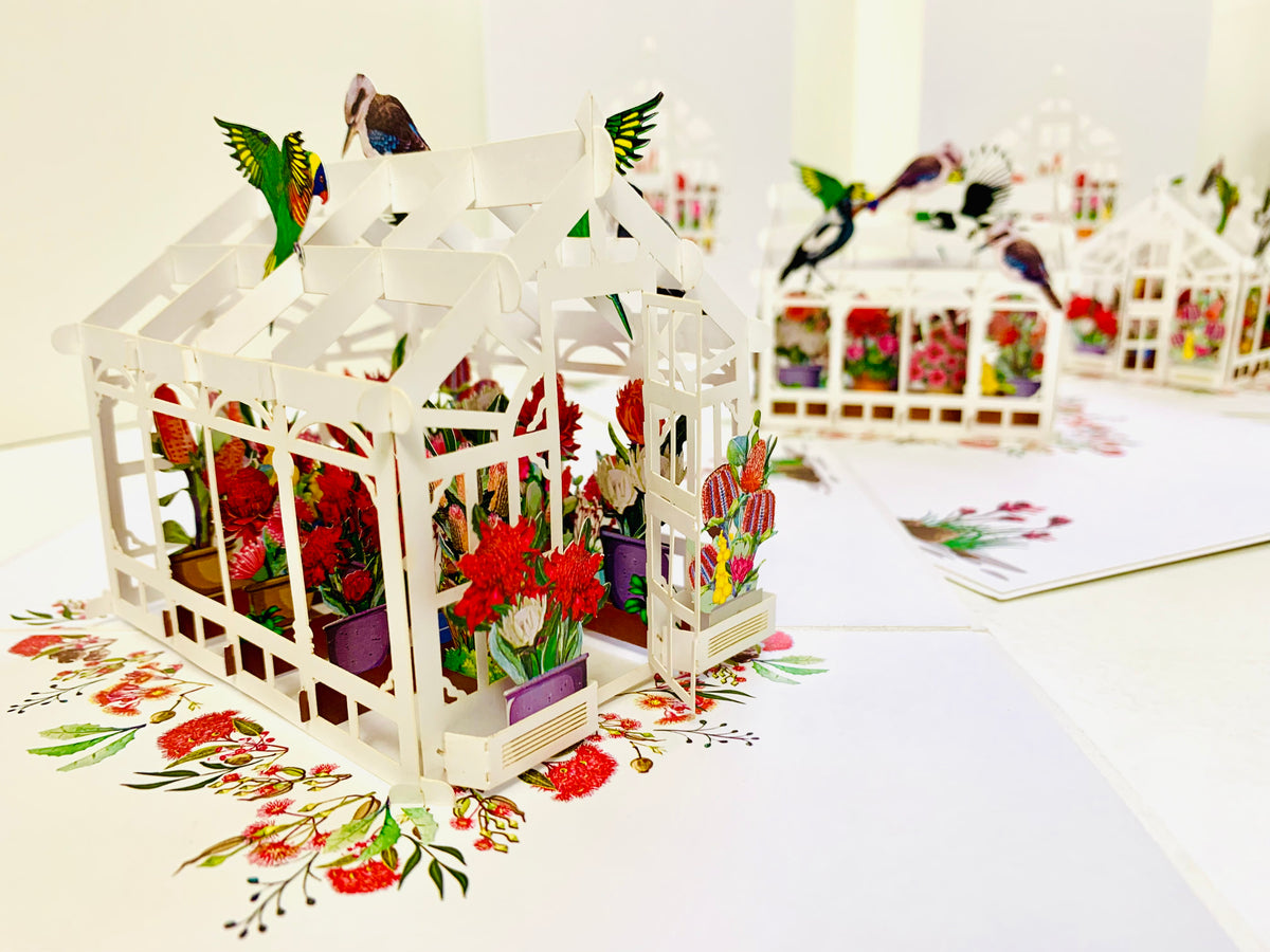 Flourishing Australian Native Greenhouse Garden & Birds Origami Pop Cards 3D Pop Up Greeting Card Celebrate Happy Birthday Thank You Handmade Best Wishes Gift Thinking of You Blank Card for Any Occasion Happy Mother's Day Happy Father's Day Australiana