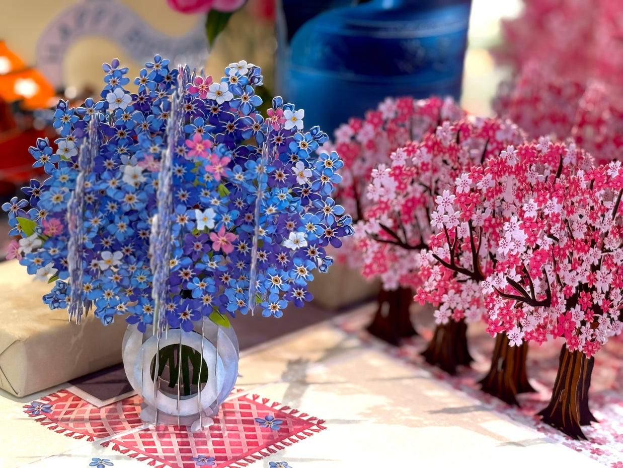 Forget Me Not or Indigo Blue Flowers in Vase Origami Pop Cards 3D Pop Up Greeting Card Happy Birthday Thank You Handmade Gift Thinking of You Blank Card for Any Occasion Happy Mother's Day Happy Father's Australiana Celebrate the Beauty of Flower