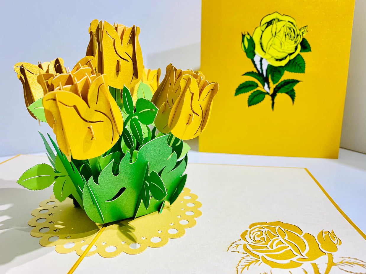 Yellow Rose Bouquet Pop Up Card - Classic & Chic Collection Origami Pop Cards 3D Pop Up Greeting Card Happy Birthday Thank You Handmade Gift Thinking of You Blank Card for Any Occasion Happy Mother's Day Australiana Celebrate the Beauty