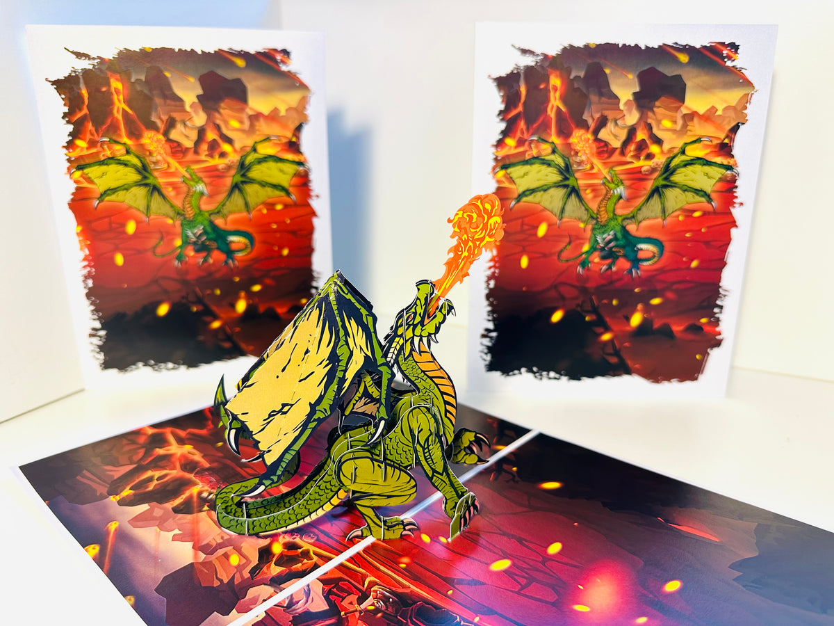 GREEN Fire Breathing Dragon Origami Pop Cards 3D Pop Up Greeting Card Happy Birthday Thank You Handmade Gift Thinking of You Blank Card for Any Occasion Happy Mother's Day Happy Father's Australiana Celebrate the Beauty of Animals Perfect for Boy