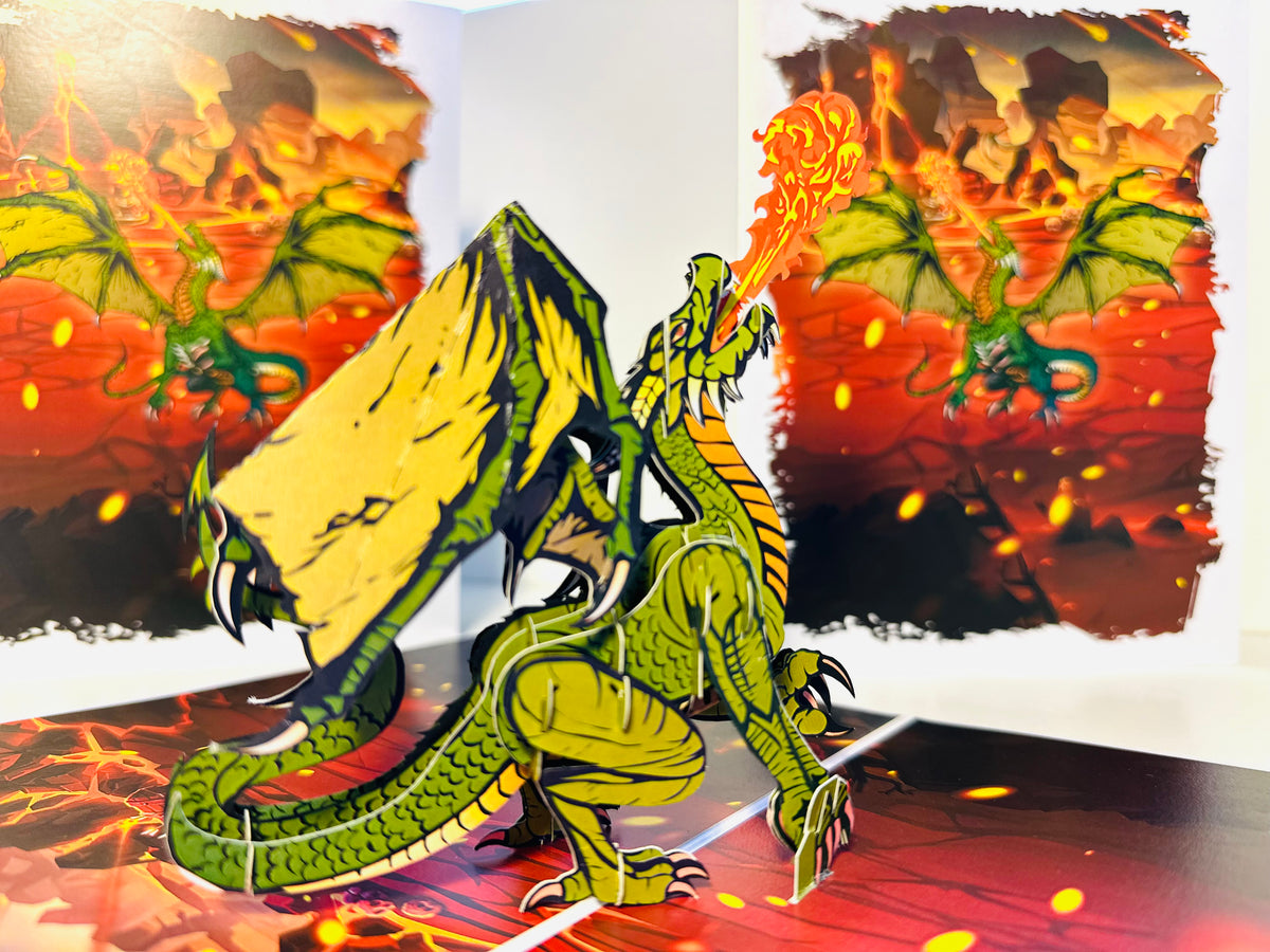 GREEN Fire Breathing Dragon Origami Pop Cards 3D Pop Up Greeting Card Happy Birthday Thank You Handmade Gift Thinking of You Blank Card for Any Occasion Happy Mother's Day Happy Father's Australiana Celebrate the Beauty of Animals Perfect for Boy