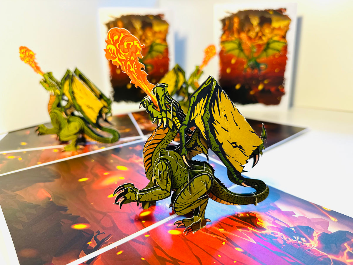 GREEN Fire Breathing Dragon Origami Pop Cards 3D Pop Up Greeting Card Happy Birthday Thank You Handmade Gift Thinking of You Blank Card for Any Occasion Happy Mother's Day Happy Father's Australiana Celebrate the Beauty of Animals Perfect for Boy