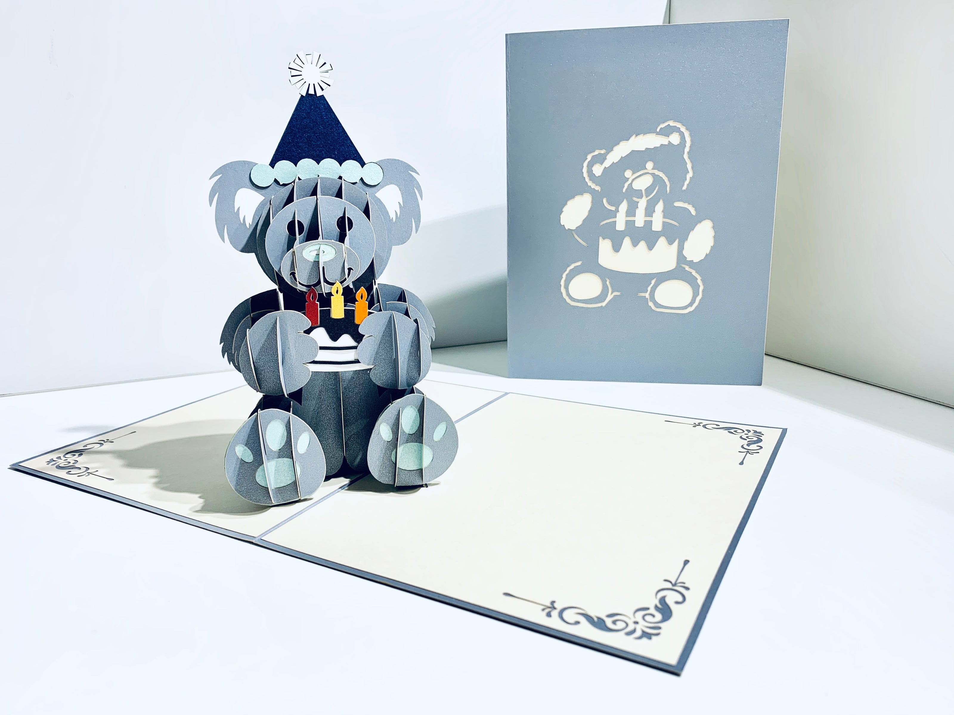 Silver Grey Birthday Teddy Bear Origami Pop Cards 3D Pop Up Greeting Card Thank You Handmade Gift Thinking of You Happy Birthday Occasion Australiana Celebrate the Beauty and Happiness During Special Day Best Wishes Gift