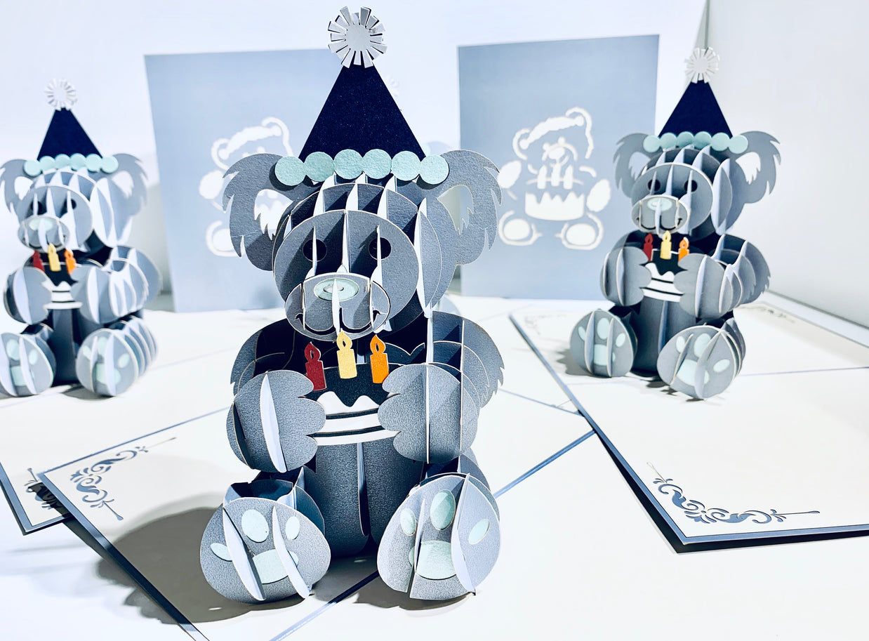 Silver Grey Birthday Teddy Bear Origami Pop Cards 3D Pop Up Greeting Card Thank You Handmade Gift Thinking of You Happy Birthday Occasion Australiana Celebrate the Beauty and Happiness During Special Day Best Wishes Gift