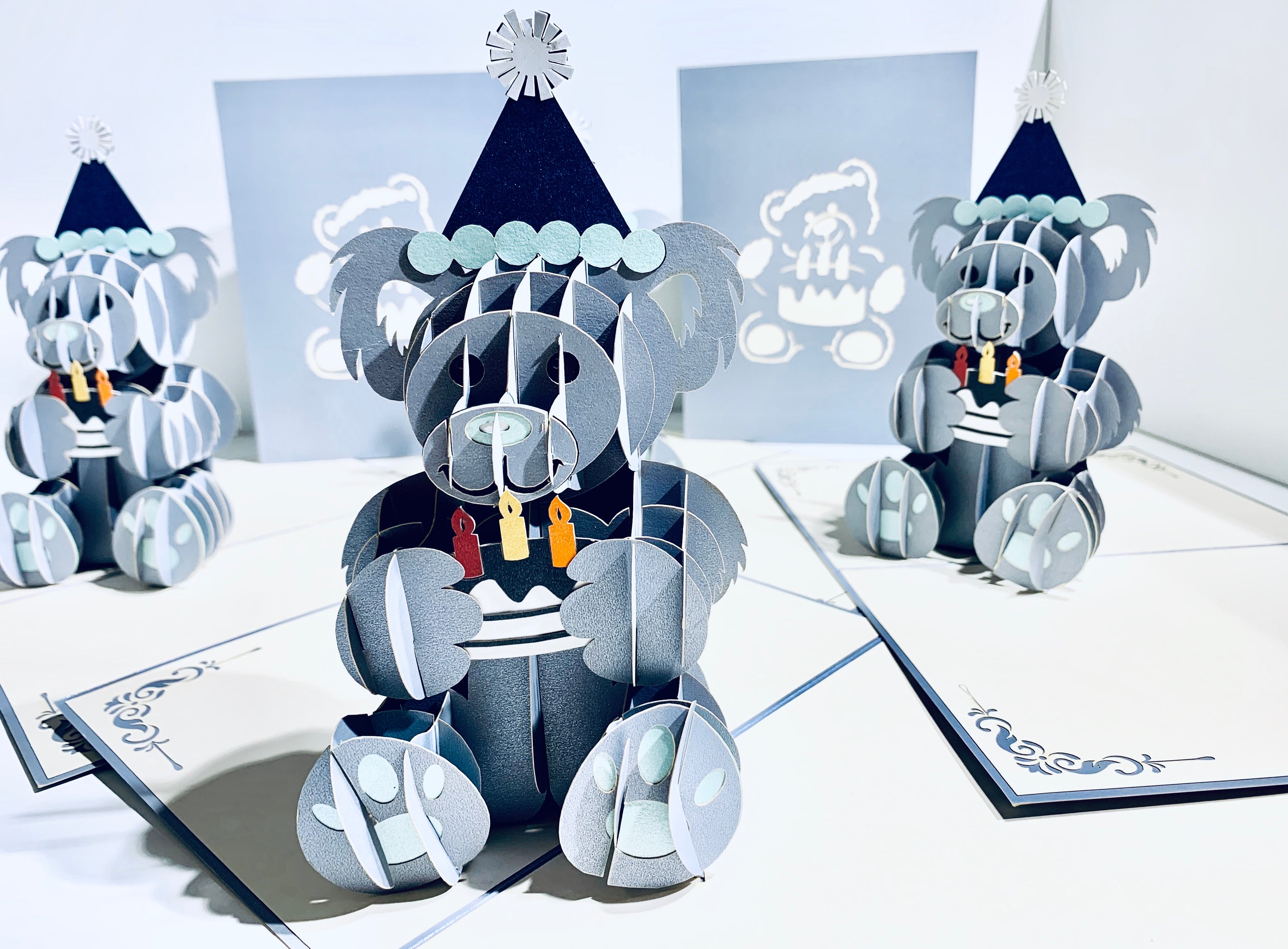 Silver Grey Birthday Teddy Bear Origami Pop Cards 3D Pop Up Greeting Card Thank You Handmade Gift Thinking of You Happy Birthday Occasion Australiana Celebrate the Beauty and Happiness During Special Day Best Wishes Gift