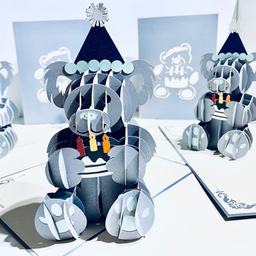 Silver Grey Birthday Teddy Bear Origami Pop Cards 3D Pop Up Greeting Card Thank You Handmade Gift Thinking of You Happy Birthday Occasion Australiana Celebrate the Beauty and Happiness During Special Day Best Wishes Gift