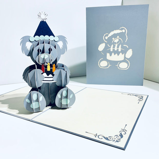 Silver Grey Birthday Teddy Bear Origami Pop Cards 3D Pop Up Greeting Card Thank You Handmade Gift Thinking of You Happy Birthday Occasion Australiana Celebrate the Beauty and Happiness During Special Day Best Wishes Gift