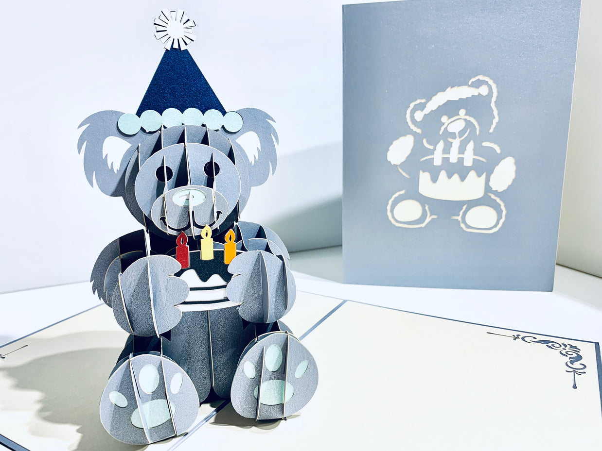 Silver Grey Birthday Teddy Bear Origami Pop Cards 3D Pop Up Greeting Card Thank You Handmade Gift Thinking of You Happy Birthday Occasion Australiana Celebrate the Beauty and Happiness During Special Day Best Wishes Gift