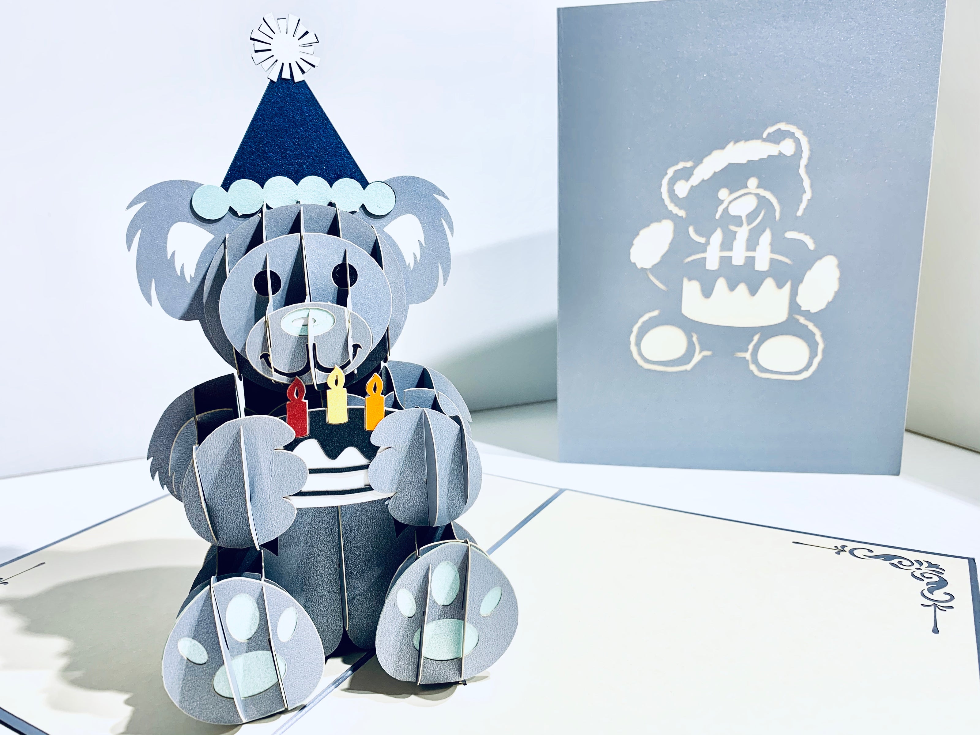 Silver Grey Birthday Teddy Bear Origami Pop Cards 3D Pop Up Greeting Card Thank You Handmade Gift Thinking of You Happy Birthday Occasion Australiana Celebrate the Beauty and Happiness During Special Day Best Wishes Gift