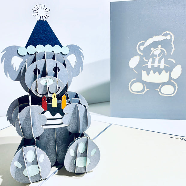 Silver Grey Birthday Teddy Bear Origami Pop Cards 3D Pop Up Greeting Card Thank You Handmade Gift Thinking of You Happy Birthday Occasion Australiana Celebrate the Beauty and Happiness During Special Day Best Wishes Gift