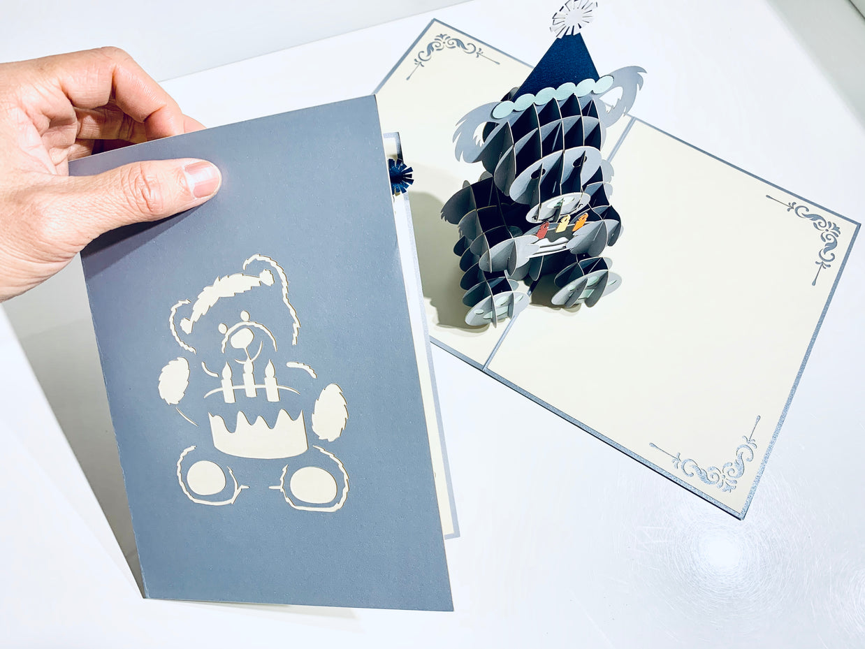 Silver Grey Birthday Teddy Bear Origami Pop Cards 3D Pop Up Greeting Card Thank You Handmade Gift Thinking of You Happy Birthday Occasion Australiana Celebrate the Beauty and Happiness During Special Day Best Wishes Gift