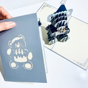 Silver Grey Birthday Teddy Bear Origami Pop Cards 3D Pop Up Greeting Card Thank You Handmade Gift Thinking of You Happy Birthday Occasion Australiana Celebrate the Beauty and Happiness During Special Day Best Wishes Gift