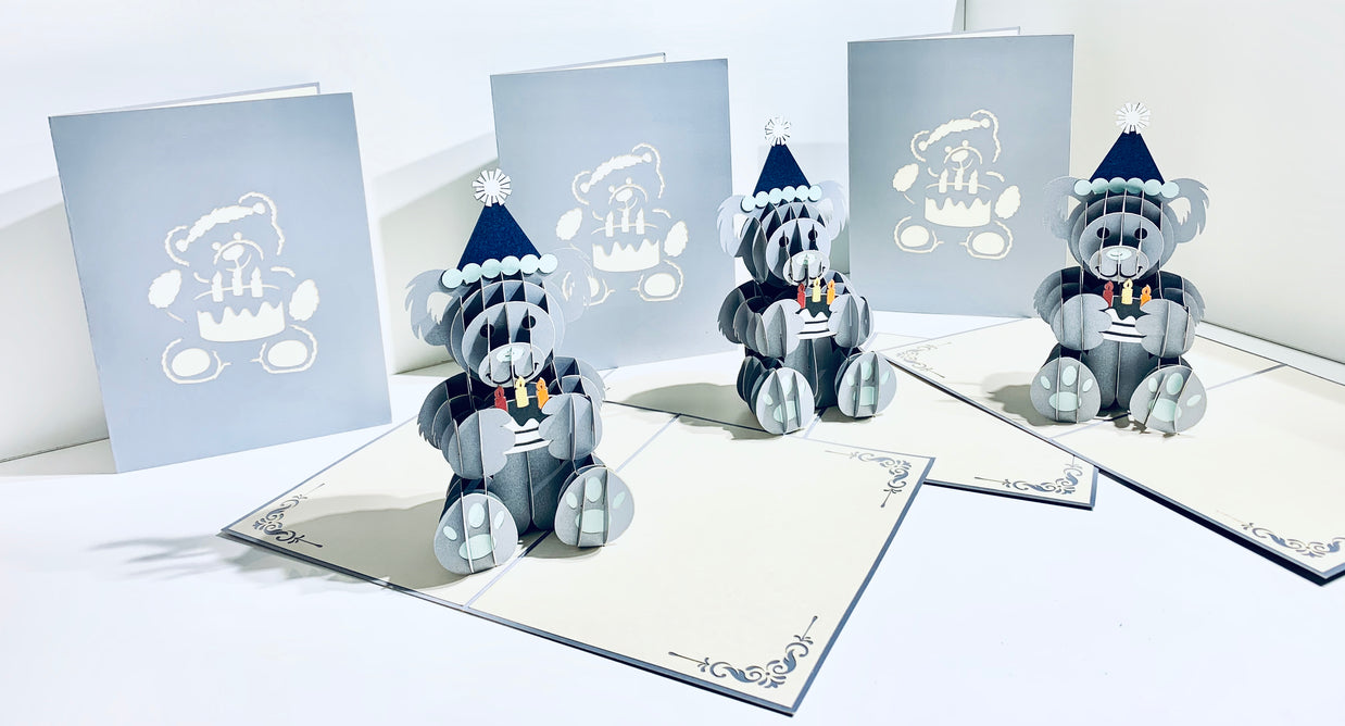 Silver Grey Birthday Teddy Bear Origami Pop Cards 3D Pop Up Greeting Card Thank You Handmade Gift Thinking of You Happy Birthday Occasion Australiana Celebrate the Beauty and Happiness During Special Day Best Wishes Gift