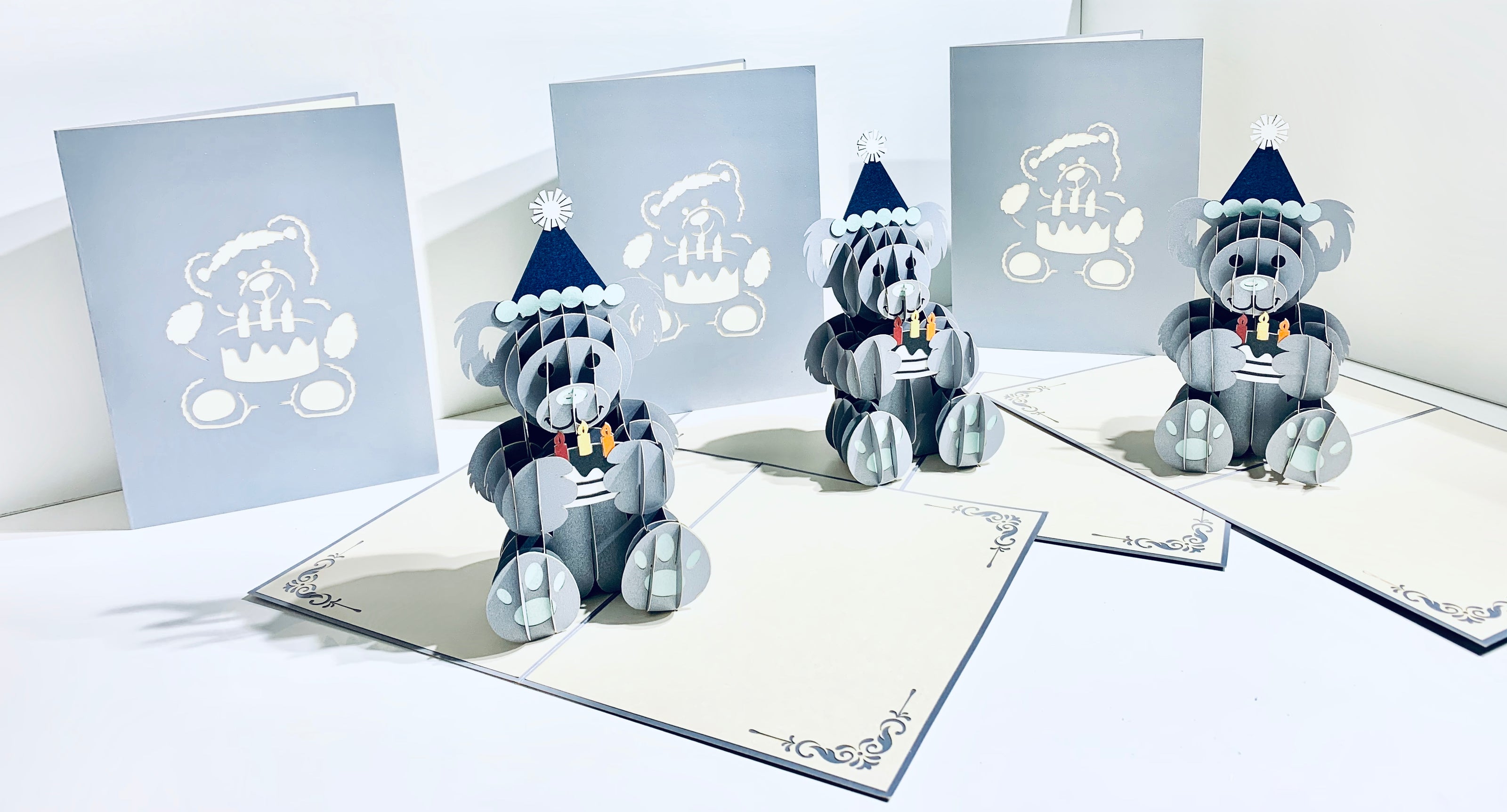 Silver Grey Birthday Teddy Bear Origami Pop Cards 3D Pop Up Greeting Card Thank You Handmade Gift Thinking of You Happy Birthday Occasion Australiana Celebrate the Beauty and Happiness During Special Day Best Wishes Gift