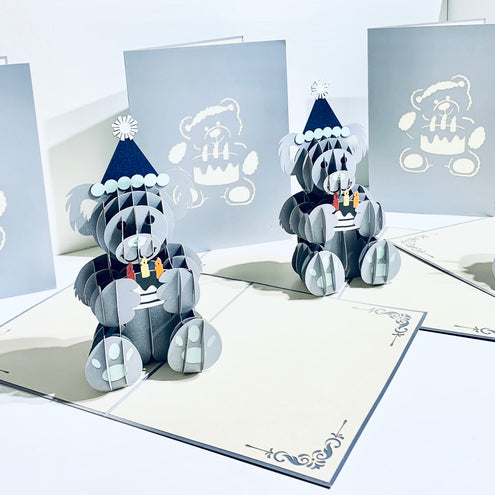 Silver Grey Birthday Teddy Bear Origami Pop Cards 3D Pop Up Greeting Card Thank You Handmade Gift Thinking of You Happy Birthday Occasion Australiana Celebrate the Beauty and Happiness During Special Day Best Wishes Gift