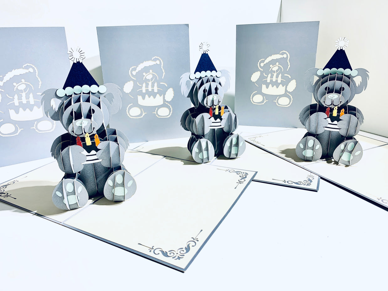 Silver Grey Birthday Teddy Bear Origami Pop Cards 3D Pop Up Greeting Card Thank You Handmade Gift Thinking of You Happy Birthday Occasion Australiana Celebrate the Beauty and Happiness During Special Day Best Wishes Gift