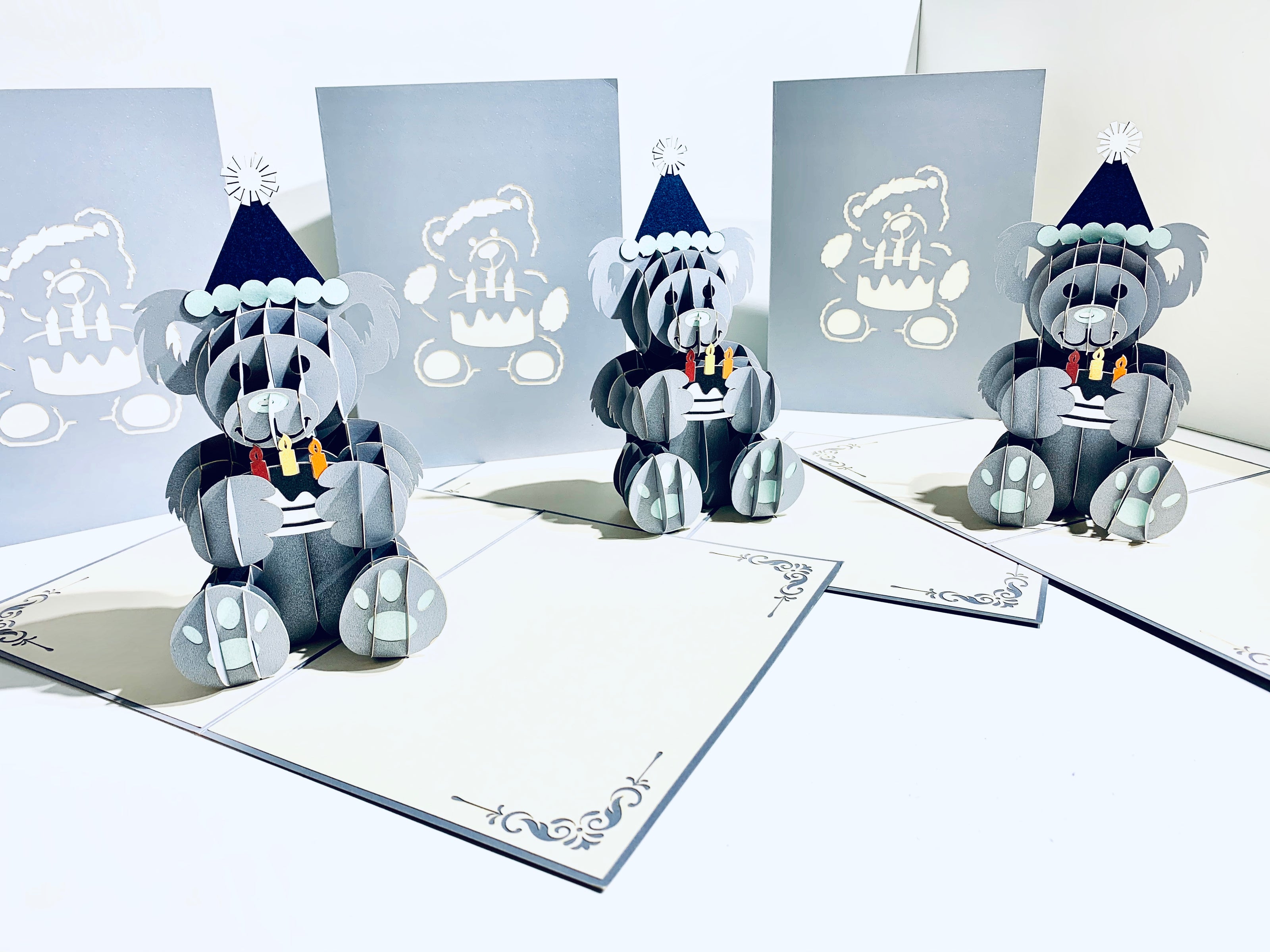 Silver Grey Birthday Teddy Bear Origami Pop Cards 3D Pop Up Greeting Card Thank You Handmade Gift Thinking of You Happy Birthday Occasion Australiana Celebrate the Beauty and Happiness During Special Day Best Wishes Gift