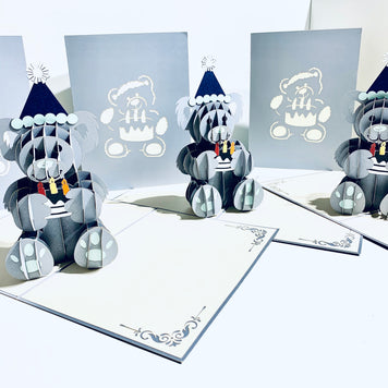 Silver Grey Birthday Teddy Bear Origami Pop Cards 3D Pop Up Greeting Card Thank You Handmade Gift Thinking of You Happy Birthday Occasion Australiana Celebrate the Beauty and Happiness During Special Day Best Wishes Gift
