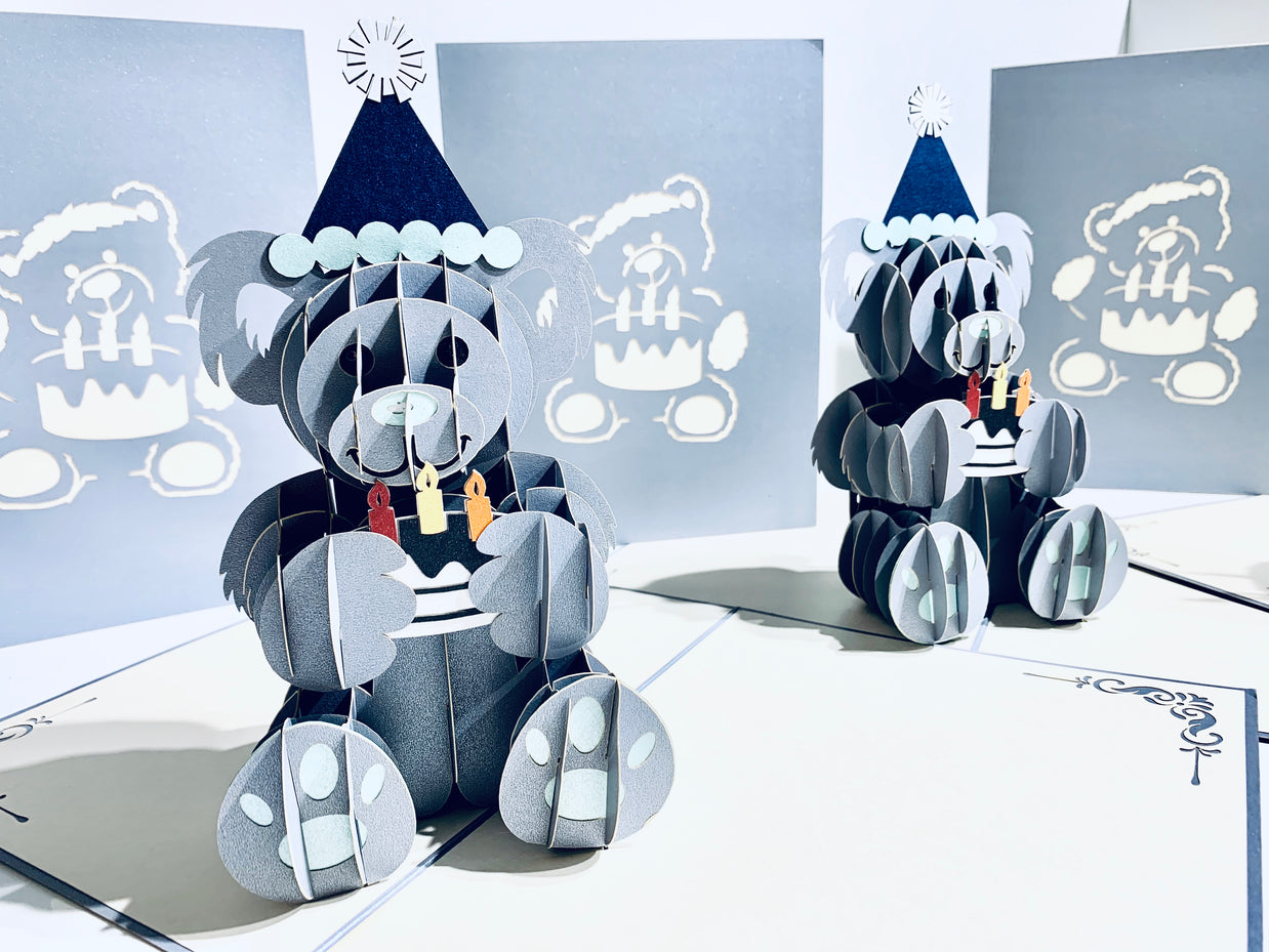 Silver Grey Birthday Teddy Bear Origami Pop Cards 3D Pop Up Greeting Card Thank You Handmade Gift Thinking of You Happy Birthday Occasion Australiana Celebrate the Beauty and Happiness During Special Day Best Wishes Gift